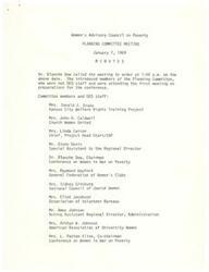 ["The Women's Advisory Council on Poverty Planning Committee held a meeting on January 7, 1969 to discuss preparations for a conference on Women in the War on Poverty. The committee members were introduced and plans were made for workshops and presentations at the conference. Discussions were held on inviting various organizations, subsidizing registration fees, and the structure of the conference. The meeting concluded with plans for workshops and a plenary session for the conference."]