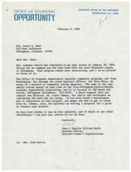 ["The letter is from the Office of Economic Opportunity commending Mrs. Hazel M. Hunt for her work with the less fortunate in Effingham. It suggests contacting the local community action agency for assistance and guidance on obtaining grants for her project. Mrs. Hunt is encouraged to reach out for any additional information needed."]