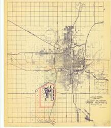 ["The document represents a map  was originally enclosed with a letter dating 1959 February 4 from Stanley Draper, Oklahoma City Chamber of Commerce, to Don McBride, Office of Robert S. Kerr. Map encompasses the Oklahoma City area Expressway System. Annotated in red is the Interstate sections of the System. The extension of the Interstate System connecting the Tinker area with the Will Rogers Field and the Crosstown Expressway (Interstate 40) is shaded in green. State of Oklahoma Department of Highways - Authorized and Proposed Urban Highways - Oklahoma City Area Created by Treat engineering Company Site plan; 21 x 17 13/16 inches; Annotated sections: (hand-shaded, in green); (outlined, red) around Rogers Field; (hand-shaded, orange-red) labeled A; (hand-shaded, orange-red) labeled B."]