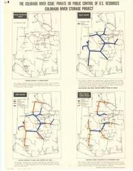 ["The document represents a map item is a broadsheet notice featuring four regional utility maps pertaining to the Colorado River Storage Project (CRSP). The region depicted consists of Wyoming, Utah, Colorado, Arizona, and New Mexico. Each map illustrates a different aspect of the CRSP: existing transmission system, bureau proposals, utility proposals, utility proposals showing tollgates. Broadsheet (notice; utility maps; regional); 26 1/4 x 20 inches."]