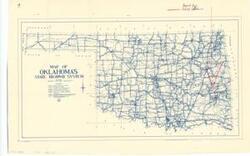 ["The document represents a map item is a map of the State of Oklahoma that depicts the state's highway system. Map features annotations and inscriptions of Proposed Road, Red Oak to Talihina. The location points of the cities are annotated as dots (black, pen) and inscribed (black, pen) with their city names, Red Oak and Talihina. The proposed road is annotated as a line (red, pencil). Map (diazotype, blueline print); 14 x 22 inches; Inscribed (top, right; black, pen): Proposed Road, Red Oak to Talihina; Annotated (red, pencil) arrow pointing to further annotations and inscriptions; Inscribed (reverse; pencil): Indian road."]