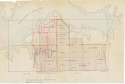 ["The document represents a map item is a plat map of the land south of the Honey-Creek Arm of the Grand Lake in Oklahoma. Plat features the land owned by the Oklahoma Game and Fish Commission, which is shaded red, and the land desired to purchase, which is shaded in brown. Property owner names are inscribed on the brown shaded areas. Plat (map; color); 16 15/16 x 25 3/4 inches."]