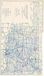 ["Topographic, road map (diazotype, blueline print); 18 13/16 x 31 7/8 inches; Annotated (red, marker) with dots or short lines along highways and enumerated 1 through 45."]