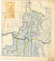 ["The document represents a map item is a topographic map of McCurtain County and the southern half of Le Flore County in Oklahoma. Item consists of three separate sections that were previously taped together; sections align north to south from Section 1 (of 3) to Section 3 (of 3). Map highlights roadways throughout and near Ouachita National Forest. Featured on the map, annotated in black, is U.S. Highway 59, which is accompanied by various inscriptions in red ink stating the length of highway sections and costs for grading, drainage, bridges, and paving. Included with item is the legend, which is detached. Topographic map (diazotype, blueline print); 33 3/8 x 36 inches (Section 1); 30 5/8 x 35 5/8 inches (Section 2); 33 3/8 x 33 15/16 (Section 3); Annotations (lines; dotted lines; green, yellow, red, brown, black; marker; Inscribed (distances; costs; red, ink)."]