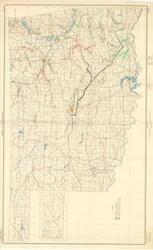 ["The document represents a map Oklahoma base map with highways. Map is labeled and colored with the water projects and studies in Oklahoma and features the Arkansas-Red River Navigation Study with a black tape line. Topographic map (Lambert conformal conic projection); 35 x 54 inches."]