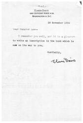 ["Elmer Davis is writing to Senator Lee to send him a book with an inscription, expressing pleasure in doing so."]