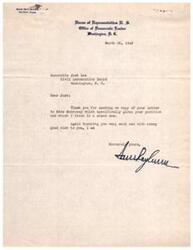 ["Sam Rayburn, a member of the House of Representatives from Texas, wrote a letter to Josh Lee of the Civil Aeronautics Board thanking him for sharing his position on a certain issue. Rayburn expressed his support for Lee's stance and wished him well."]