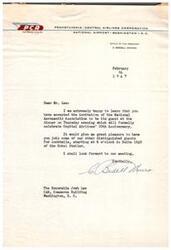 ["The President of Central Airlines Corporation invites Mr. Lee to a dinner celebrating the airline's 20th anniversary at the National Airport in Washington, D.C. They will have cocktails at 6 o'clock in Suite 1240 of the Hotel Statler."]