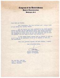 ["The document is from Jean Victor Wickersham, a Member of Congress, to Josh and Louise Lee, expressing sympathy for the events in Korea and offering assistance in the future. The document also includes warm regards and best wishes for the holiday season."]