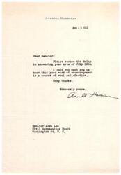 ["Averell Harriman is thanking Senator Josh Lee for his note of encouragement, apologizing for the delay in responding, and expressing gratitude for the support."]
