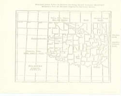 ["The map depicts Oklahoma, marking counties associated with Native American tribes using Xs. It measures 8.5 by 11 inches."]