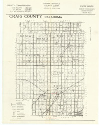 ["The map showcases a topographic representation of Craig County, Oklahoma, highlighting commissioner district boundaries and numbers, as well as highways, roads, waterways, schools, and buildings. It includes a proposed township boundary marked in green and an existing boundary marked in red, both annotated and inscribed. This historical topographic map measures 22 by 17 inches and is both inscribed and annotated."]
