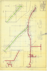 ["This map serves as an index for the Waterworks Improvements of Rural Water District No. 3 in Pontotoc County, Oklahoma, specifically along Highways 13 and 19. The water lines are marked with green and red tape, corresponding to insets A and B. The map is a diazotype blueline print, measuring 24 by 36 inches, and is labeled as Sheet 2. There are inscriptions on the reverse side."]