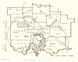 ["The map showcases Garvin, Pontotoc, Murray, Coal, Carter, Johnston, Atoka, Love, Marshall, and Bryan Counties in Oklahoma. It highlights the labor market areas of Ada, Ardmore, and Durant with circles indicating radii of 30 to 35 miles. The map dimensions are 8.5 by 11 inches."]