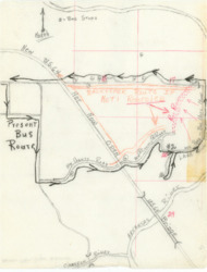 ["The map is a sketch of the current bus route in Shady Grove, Pawnee County, Oklahoma. It highlights an alternative backtrack route for the bus in case a road is not replaced. The sketch is on tracing paper, in color, and measures 10 15/16 by 8 7/16 inches."]