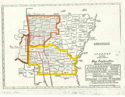 ["This document outlines the flight test area in Arkansas, highlighting the designated test zones and corridors. The map illustrates the districts and identifies the Democratic legislators representing those areas. It was originally attached to Items 174 and 176. The plan is a historical map presented as a xerographic copy, measuring 8 x 10 1/2 inches, and includes annotations."]