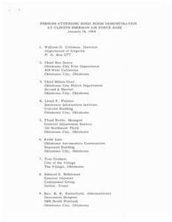 ["A list of individuals who attended a Sonic Boom demonstration at Clinton Sherman Air Force Base on January 14, 1964, including officials from various organizations such as the Fire Department, Police Department, Hospitals, Insurance companies, City Managers, and Schools in Oklahoma City and surrounding areas."]