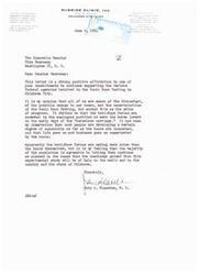 ["The document is a letter from Dr. John A. Blaschke to Senator Mike Monroney expressing support for the Sonic Boom Testing in Oklahoma City. Dr. Blaschke believes that the discomfort and uncertainty caused by the testing are a necessary part of progress, and that the majority of the population is agreeable to continuing with the study. Senator Monroney acknowledges Dr. Blaschke's letter and forwards it to the Federal Aviation Agency for their consideration."]