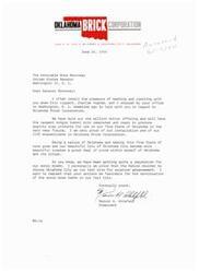 ["The president of Oklahoma Brick Corporation, Marvin A. Ahlefeld, writes to Senator Mike Monroney to update him on the company's progress and express support for sonic boom tests in Oklahoma City. Senator Monroney responds, thanking Ahlefeld for the update and expressing his support for the sonic boom studies, as well as congratulating him on the completion of the new plant."]