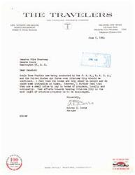 ["Aubrey D. Davis, manager of The Travelers Insurance Company's Oklahoma City office, writes to Senator Mike Monroney in support of continuing Sonic Boom Studies being conducted over Oklahoma City. Davis believes the booms are minor and worth the progress they bring to the city and nation. He encourages the Senator's efforts in keeping Oklahoma City in the spotlight of aviation progress."]