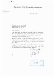 ["The letter is from G. R. Cox, the General Manager of the Oklahoma City Retailers Association, to Senator A. S. Monroney, urging him not to interfere with the sonic boom tests being conducted over Oklahoma City. Cox believes the tests will be beneficial for the city and hopes the Senator can visit Oklahoma City on his next trip."]