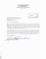 ["Dr. Lee K. Emenhiser writes to Senator Mike Monroney expressing his support for the Sonic Boom tests being conducted over Oklahoma City for the defense of the nation and future aerial navigation. He compares the inconvenience of the booms to the progress of transportation from horse and buggy to automobiles, stating that progress should not be stopped due to minor inconveniences."]