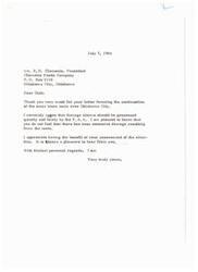 ["Mr. R.H. Clements, President of Clements Foods Company, thanks Senator Mike Monroney for supporting the continuation of sonic boom tests over Oklahoma City. He acknowledges the importance of quickly processing damage claims and believes that the tests are valuable for the future of aviation. Clements also expresses concern about potential structural damage and urges thorough investigation of any reported damages."]