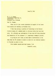 ["The first letter is a thank you to Mr. W. F. Finney for supporting the sonic boom studies in Oklahoma City, with the information being forwarded to the Federal Aviation Agency. The second letter is from Mr. Finney to Senator Mike Monroney expressing support for continuing the sonic boom tests despite opposition."]