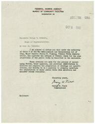 ["The Federal Works Agency has approved the advance of Federal funds for the plan preparation of public works in Oklahoma, including water and sewer facilities. These advances are intended to encourage states and their agencies to prepare for construction projects so they can begin promptly when materials and manpower become available. The document is addressed to Honorable George B. Schwabe, a House of Representatives member."]