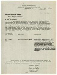 ["The Federal Works Agency's Bureau of Community Facilities has approved federal assistance for the provision of Veterans' Educational Facilities to relieve shortages in educational institutions under the Servicemen's Readjustment Act of 1944. The assistance includes using surplus government structures and facilities. The document specifically mentions a project at The University of Tulsa involving dismantling, transporting, and re-erecting buildings to provide organic chemistry and physics facilities. Congressman George B. Schwabe is advised of the approval and invited to request further details if needed."]