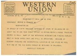 ["The document is about the different symbols used in telegrams and cables, as well as the standard time for filing and receipt of messages. It also includes a message requesting the establishment of a naval training center in Oklahoma on behalf of 50,000 veterans. The sender suggests that one of the old naval bases in the state should be retained for economic and geographical reasons. The company welcomes suggestions from its patrons."]