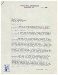 ["The Office of Price Administration explains to Congressman George B. Schwabe the reasons behind the proposed rollback in fresh fruit and vegetable distributors' margins. The decision was based on a survey conducted in 1944 and industry representatives agreed to the results. The rollback would not disproportionately benefit chain stores and could potentially lower prices for consumers. The O.P.A. refutes claims made by the Ben E. Keith Company's advertisement and stands by their decision."]