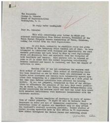["The document from Edward Watters, President of the Tulsa Rental Property Owners Association, requests relief from the Rent Regulations, specifically asking for higher rent ceilings to cover maintenance and repairs. Congressman George B. Schwabe acknowledges the request and forwards it to the Rent Control Division, but expresses skepticism about the likelihood of obtaining relief due to bureaucratic control in Washington. Schwabe also criticizes the Office of Price Administration for its oppressive regulations and advocates for independent and private enterprise rather than national control of economic activities."]