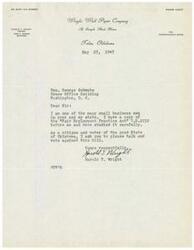 ["Harold T. Wright, owner of the Wright Wall Paper Company in Tulsa, Oklahoma, is writing to Honorable  George Schwabe to express his opposition to the \"Fair Employment Practice Act\" H.R.2232. He asks Schwabe to vote against the bill as a small business owner and citizen of Oklahoma."]