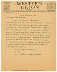 ["The document is a telegram from William R. Thompson, President of Local 571 National Federal of Federal Employees, urging Honorable George B. Schwabe to support Bill S-807, which aims to bring the pay of federal workers more in line with salaries in private industry. Thompson believes the bill will benefit federal employees, especially those in lower income brackets."]