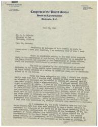 ["George B. Schwabe, a congressman from Oklahoma, explains in a letter to an attorney at law that the bill he recently introduced regarding the employment of an Osage Tribal Attorney does not give the attorney the authority to represent individuals in private matters. He clarifies that the Tribal Counsel will represent the Osage Tribe as a whole and not individual Osage Indians. Schwabe discusses the approval of the bill by the Commissioner of Indian Affairs and the intention behind the employment of the Tribal Counsel. He also mentions the language of the bill and the approval process involved."]