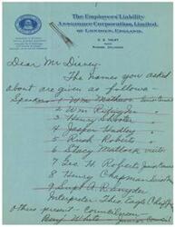 ["The document provides a list of names and positions of individuals associated with The Employers' Liability Assurance Corporation, Limited in London, England. It also includes a letter addressed to Mr. Disney with a list of names of speakers and council members present at a meeting."]