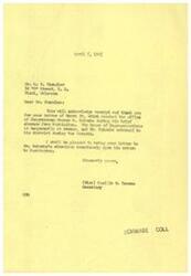 ["Mr. Chandler wrote a letter to Congressman George B. Schwabe expressing his opposition to a claims commission as a method of fulfilling the party's pledge to the Indians. He also mentioned his upcoming eye operation and plans to visit Washington after the operation. Miss Camille M. Gameau acknowledged receipt of Mr. Chandler's letter and informed him that Congressman Schwabe was temporarily out of Washington but would address his concerns upon his return."]