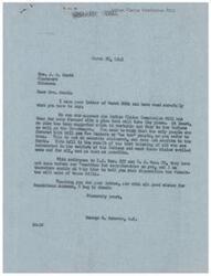 ["The document discusses the Indian Claims Commission Bill and the opposition to it. The writer, Mrs. Scott, expresses her disagreement with creating a new government agency for Indian affairs and believes that settling claims should be done without the need for a new commission. She also mentions the different approaches of the Republican and Democratic parties to Indian claims settlement. The Congressman, George B. Schwabe, defends the bill and explains that it was the result of careful study and input from various parties interested in the welfare of the Indians. He also mentions that the bill was supported by both Democrats and Republicans."]