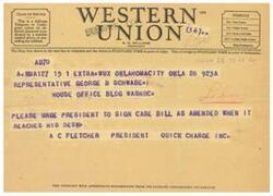 ["This text contains information about different symbols used for class of service in telegrams and cables, as well as details about filing and receiving times. It also includes a message urging the president to sign a bill and a note requesting suggestions from customers about the company's service."]