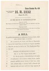 ["The document is a bill introduced in the House of Representatives in 1945 called the \"Fair Employment Practice Act\" which aims to prohibit discrimination in employment based on race, creed, color, national origin, or ancestry. The bill defines unfair employment practices for employers and labor unions and establishes a Fair Employment Practice Commission to enforce the rights outlined in the Act."]