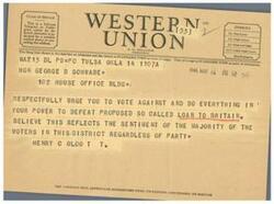 ["The document contains a series of telegrams urging against or in favor of a proposed loan to Britain. The senders express their opinions and urge the recipient to take action accordingly. The document also includes information about the filing time of telegrams and day letters, as well as a note from the company asking for suggestions regarding its service."]