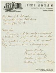 ["The Schwabe Coll Alumni Association at Bethany-Peniel College in Oklahoma is advocating for the early enactment of H.R. 3035, a pay reclassification bill for postal employees, as they believe these employees do not receive a living wage. The document is signed by Carol S. Lundy, a teacher at Bethany Peniel College."]