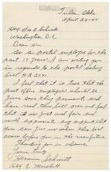 ["The author, Herman Schmidt, is a postal employee writing to Honorable  George. Schwabe in Washington, D.C. to express support for the postal salary bill H.R. 2071. Schmidt believes that postal employees deserve something permanent and fair, and is asking for Schwabe's support when the bill comes before him in the future."]