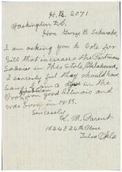 ["The document is a letter to Hon George B. Schwabe asking for a vote to increase sales in Oklahoma. It is signed by Noah, a digital marketer from Illinois born in 1855."]