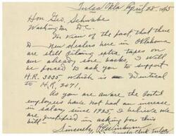["The document is asking for support for H.R. 3035, which is seeking a salary increase for federal employees who have not had a raise since 1925. The writer mentions the strain on their backs due to the extra workload and requests assistance from Honorable  Gio Schwabe."]