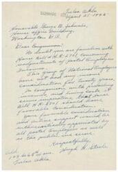 ["The document is addressed to Honorable George B. Schwabe regarding the readjustments of portal employees. It mentions House Bill # H.R. 2701 concerning the incomes of national employee income. The writer urges for favorable consideration and support for the bill, as it has not been addressed for twenty years. The bill is seen as appreciated by postal employees and the public."]