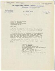 ["The document is a letter from the President of the Oklahoma Rural Letter Carriers Association, W. K. Kirkhart, to Honorable George Schwabe, a Member of Congress, requesting consideration of H. R. 5059 for a temporary raise in salary for rural carriers in Oklahoma. The document highlights the challenges faced by rural carriers due to the scarcity and high cost of spare parts, lack of new cars, and increasing cost of living. The President expresses appreciation for past support and urges support for the bill."]