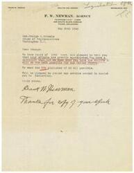["The document is from Frank W. Newman, a realtor and insurer, to Honorable  George B. Schwabe, a member of the House of Representatives. Newman expresses appreciation for Schwabe's efforts and offers support for his reelection. Newman also expresses a desire for the abolition of the Office of Price Administration (OPA)."]