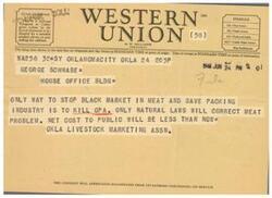 ["The document is a telegram discussing the need to kill the OPA to stop the black market in meat and save the packing industry. The sender believes that only natural laws will correct the meat problem and that the net cost to the public will be less than it is currently. The sender is open to suggestions from patrons concerning their service."]